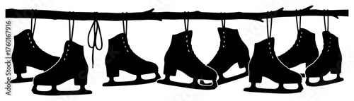 Hanging ice skates silhouette. Pairs of vintage skates on a branch. Winter sport and recreation concept. Christmas holiday decoration vector illustration isolated on white background.