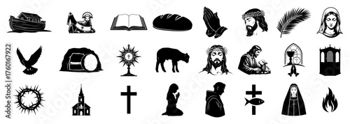 Christian Icons Set – Silhouette Symbols of Faith Bible Cross Church Saints and Sacraments Vector