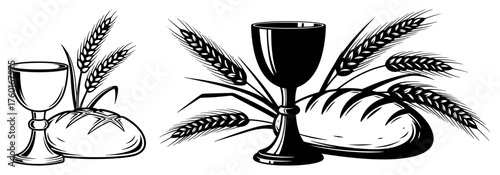 Set of Christian symbols of Holy Communion. Vector icons of the Eucharist with bread wine chalice and wheat.