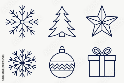 Minimal outline vector Christmas icons including tree snowflake and gift box