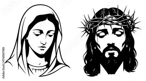 Virgin Mary and Jesus Christ with crown of thorns vector portraits. Christian religious illustration set.