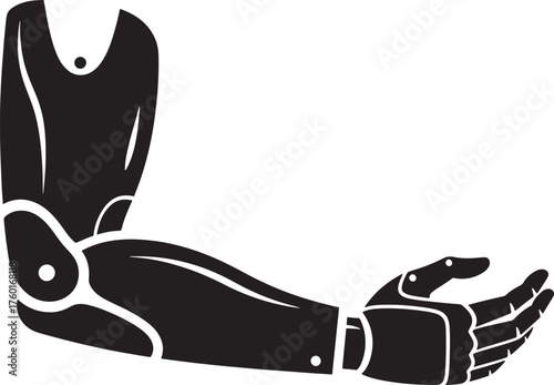 Black robotic arm with open hand reaching out against white background prosthetic mechanical
