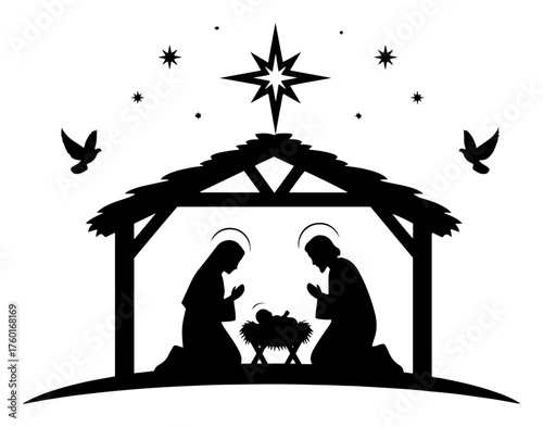 Christmas Nativity scene vector silhouette. Holy Family with baby Jesus in a manger under the Star of Bethlehem.