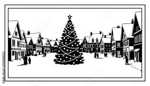 Silhouette Winter Town Square with Decorated Christmas Tree – Vintage Holiday Village Scene Vector
