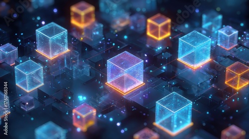 Wallpaper Mural isometric arrangement of glowing digital cubes network circuit design and server architecture concept for data processing blockchain technology and cloud computing solutions Torontodigital.ca
