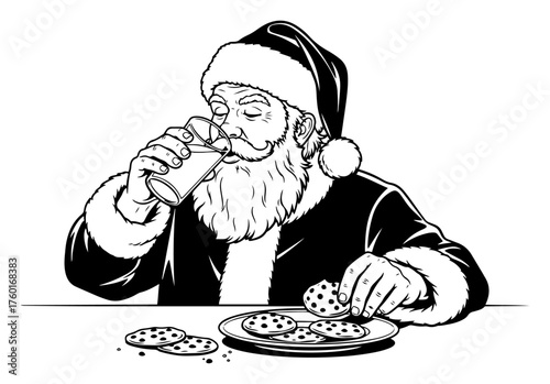 Santa Claus eating cookies and drinking milk vector illustration. Black and white drawing of a traditional Christmas holiday snack.