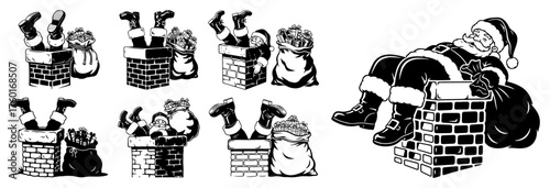 Set of Santa Claus stuck in a chimney silhouettes. Collection of funny Christmas icons with Santa and gift sacks. Comic holiday vector illustrations for festive design.