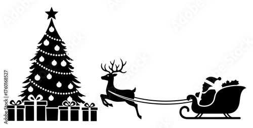 Santa Claus in sleigh with reindeer passing a Christmas tree silhouette. Festive holiday scene with Santa's ride gift boxes and a decorated fir tree. Winter vector illustration.