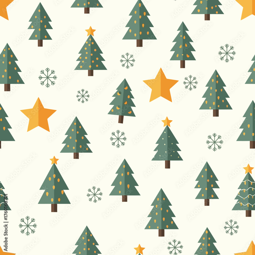 Obraz premium Festive seamless pattern with charming green Christmas trees, golden stars, and delicate snowflakes creating a joyful holiday atmosphere