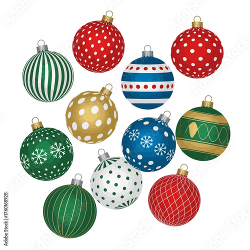 Vibrant Christmas ornaments in festive red, green, and blue hues bring holiday cheer, perfect for festive decoration projects and seasonal celebrations