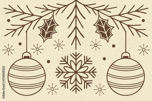 Hand drawn vector Christmas composition with ornaments and snowflakes