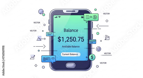 Mobile banking interface showing balance, transactions, and available funds, represents digital finance and online payment