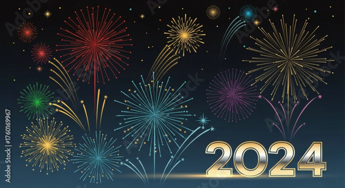 Festive 2024 new year celebration with colorful fireworks and stars on a dark blue background, creating a joyful and celebratory atmosphere for the holiday season