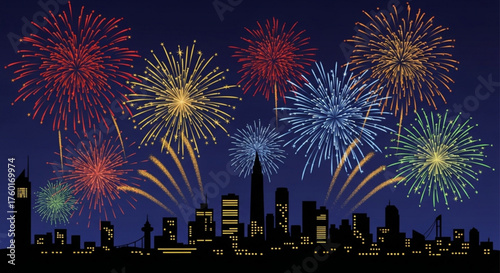 Fireworks display over city skyline, celebrating a special event with vibrant colors illuminating the night sky, creating a festive atmosphere