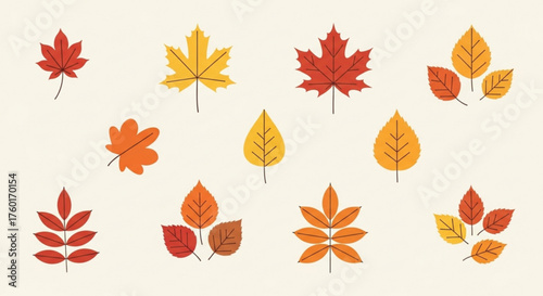 Assortment of colorful autumn leaves of various shapes and sizes scattered across a cream background, capturing the essence of the fall season illustration