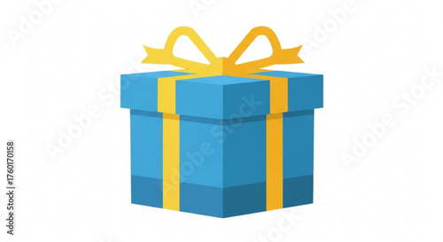 A blue gift box with a yellow bow the box is square and the bow is tied in the center the background is white