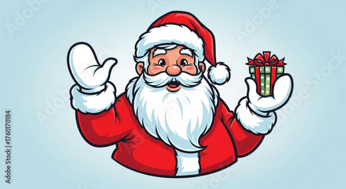A cheerful santa claus holding a gift, spreading christmas joy and holiday cheer with his iconic red suit and white beard