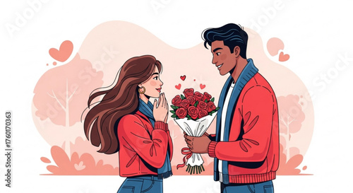 A romantic couple celebrating valentines day, the man giving a bouquet of red roses to the woman, both smiling in a lovely and affectionate moment