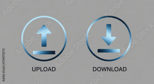 Upload and download icons with arrows pointing up and down inside circles, representing data transfer and file management on a gray background