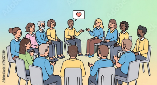 Group therapy session with diverse people sitting in circle sharing feelings and supporting each other, mental health and emotional support concept