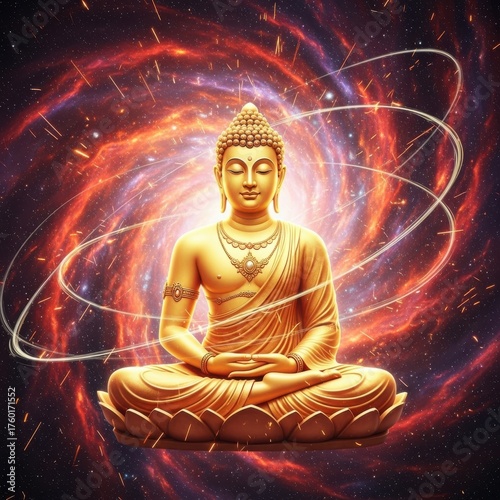 Serene Golden Buddha Statue Meditating Against Cosmic Nebula Backdrop