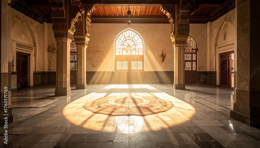 Obraz premium Sunlight streams through a large arched window, illuminating a grand hall with ornate columns and a patterned rug.