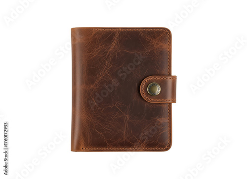 Brown Leather Wallet with Snap Button Closure Front View on Isolated Background