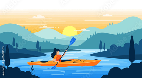Woman Kayaking on a River at Sunset.