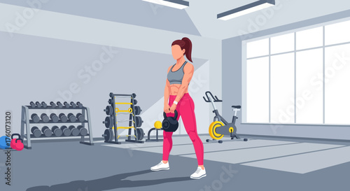 Woman performing kettlebell exercise in a gym setting.