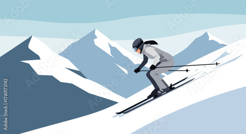 Skier racing down a steep snowy mountain slope with ski poles.