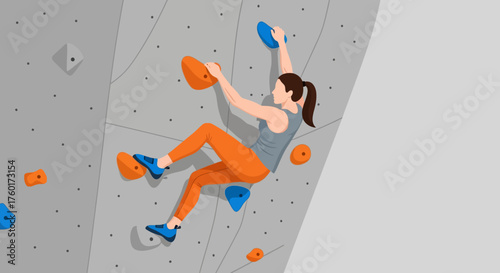 Woman climbing on a bouldering wall with determination and focus.