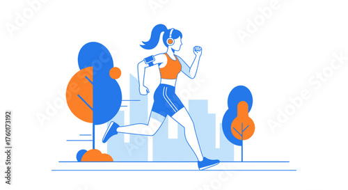 Woman running outdoors in a city park with trees and buildings.