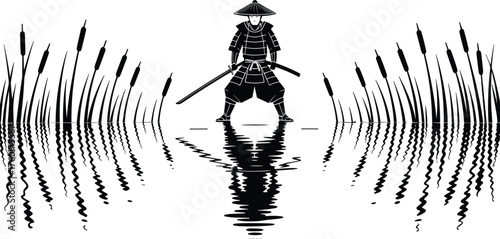 Samurai Warrior Standing in Water with Dual Swords, Reflected in Calm Pond, Surrounded by Reeds, Japanese Culture Vector Art