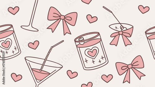 Hand drawn whimsical coquette seamless pattern. Vintage background with bow, cherry, cake, and cocktail for wedding invitation, valentine day. Vector romantic wallpaper, wrapping paper, textile