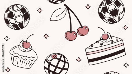 Hand drawn whimsical coquette seamless pattern. Vintage background with bows, cake, disco ball and cherry for wedding invitation, valentine day. Vector romantic wallpaper, wrapping paper, textile