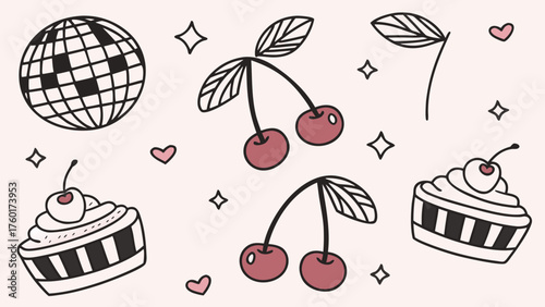 Hand drawn whimsical coquette seamless pattern. Vintage background with bows, cake, disco ball and cherry for wedding invitation, valentine day. Vector romantic wallpaper, wrapping paper, textile