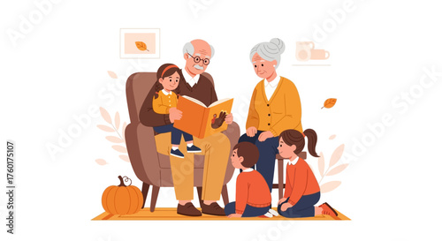 Grandparents reading a book to their grandchildren in autumn.