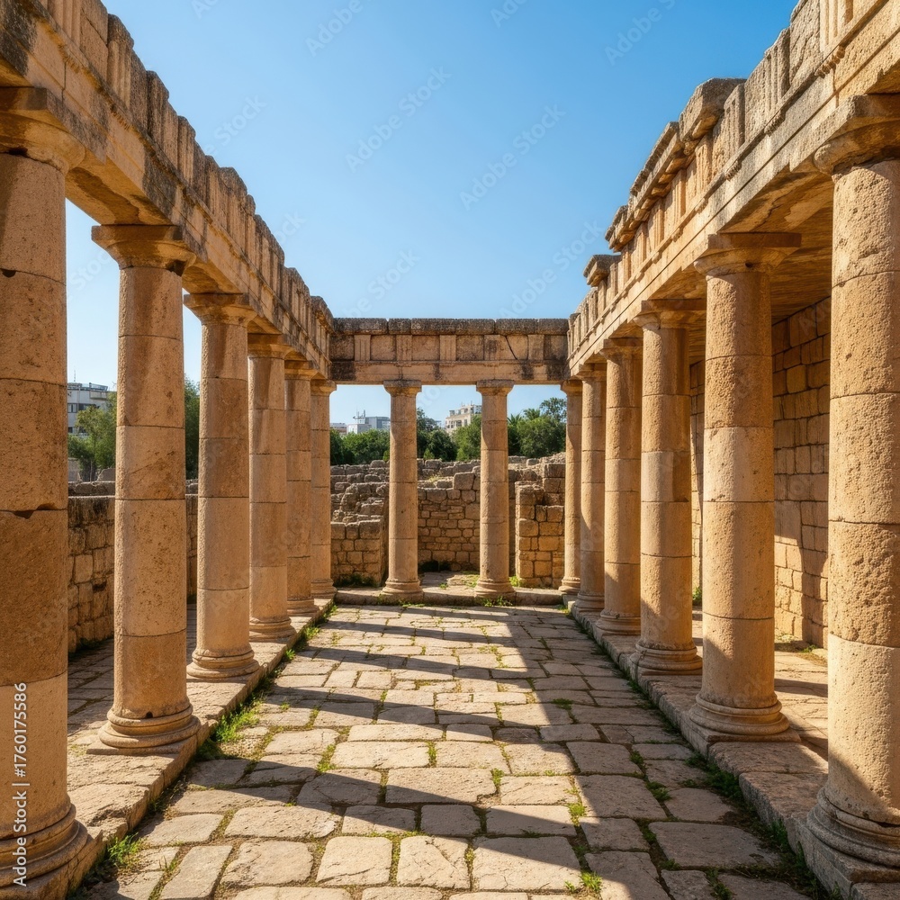 Obraz premium Ancient stone colonnade under a clear sky evokes historical grandeur and architectural precision
