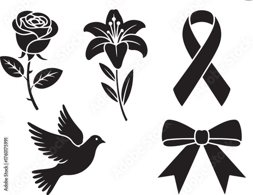 Symbols of remembrance and peace: dove, rose, lily, ribbon