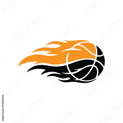 Flaming Basketball Logo Vector, Black and White Sports Icon Design, Fireball Basketball Symbol for Team Emblem, Tattoo, pickleball shops, pickleball training, clubs,Tennis Sport Academy