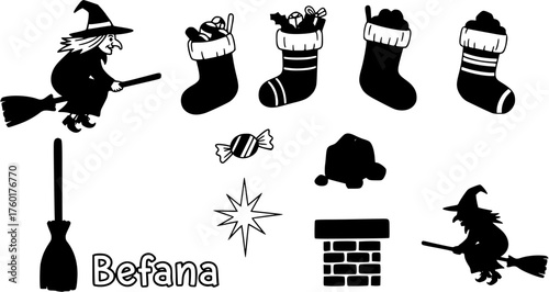 Befana Witch and Italian Epiphany Holiday Elements Set: Silhouettes of Broom, Stockings, Coal, Candy, Chimney, and Star Icons