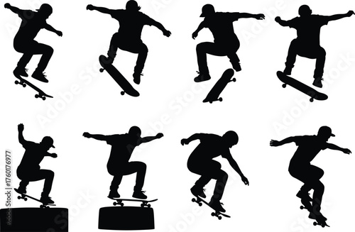 Set of skateboarder silhouette illustrations performing jump tricks, flips, and stunts in motion for extreme sports vector design collection.