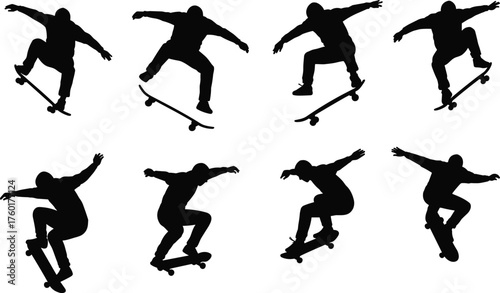 Set of Skateboarder Silhouettes Performing Aerial Tricks and Jumps, Ideal for Urban Sports, Action, Youth Culture, and Vector Design Themes