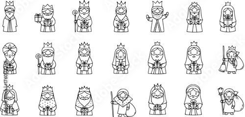 Diverse Line Art Christmas  Epiphany Characters Set: Wise Men, Kings, Gift-Givers with Presents, Crowns, Beards, Outline Icons