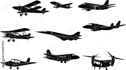 Set of various airplane silhouettes including jets, propeller planes, and helicopters isolated on white background, aviation vector illustration design.