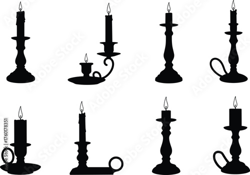 WebSet of vintage candle holder silhouettes with burning candles, showcasing elegant shapes, antique styles, romantic lighting, and decorative design elements