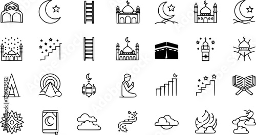 Islamic Ramadan Line Art Icons Set: Mosques, Crescent Moon, Star, Kaaba, Prayer, Quran, and Spiritual Symbols for Holy Month and Eid Celebrations