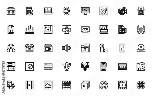 Audio and Video icon set. Vector illustration pack. ncludes symbols for radio,video camera, speaker, heaphones, microphone, music,play, recorder, projector nd more. Editable stroke.