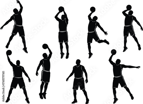 Silhouette collection of basketball players in dynamic action poses showing jump, dribble, dunk, and shooting movements for sports design illustration.