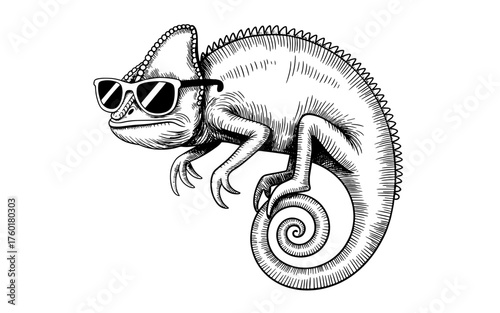Hand drawn chameleon wearing sunglasses in vintage sketch, funny reptile illustration symbolizing cool attitude, humor and creativity.